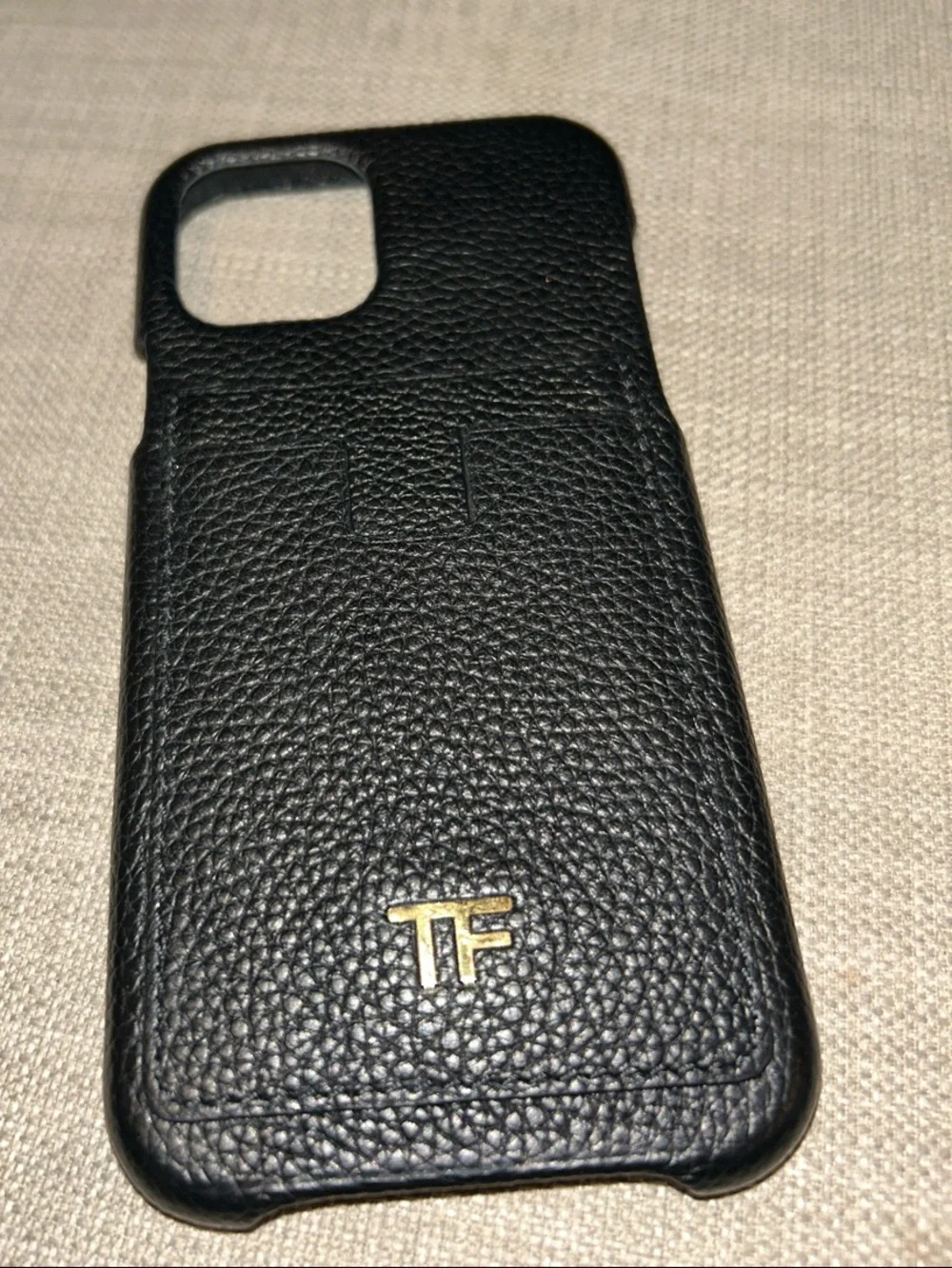 Tom Ford Black Pebbled Leather Card Pocket iPhone Case with Gold TF Logo